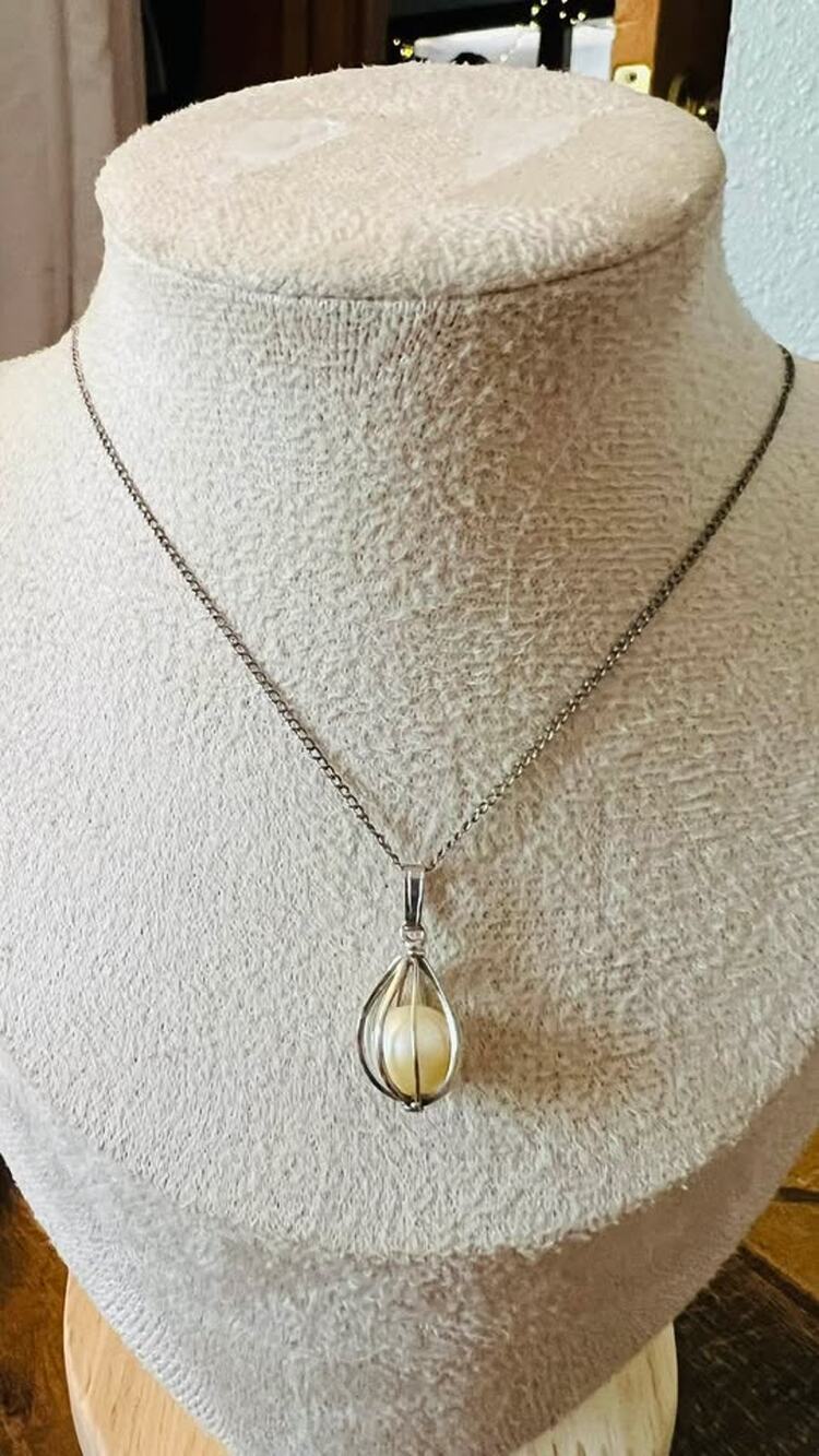 Silver-Toned Cage Pendant Necklace with Pearl-Like Bead